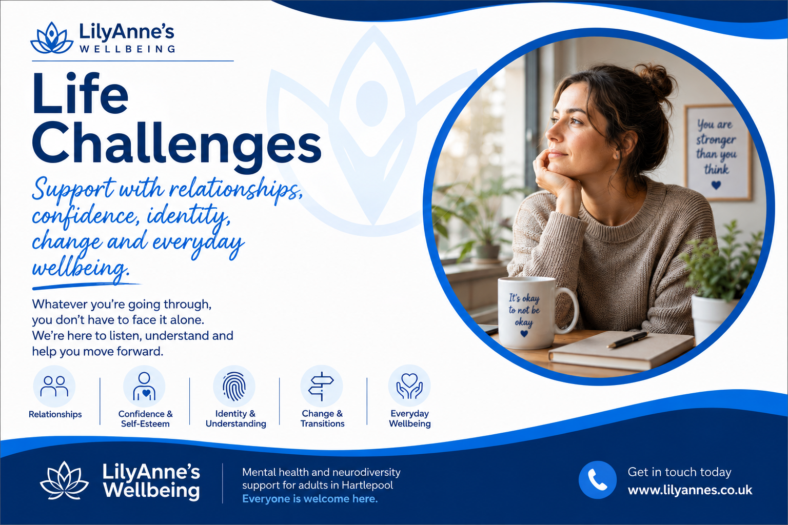 Woman sitting thoughtfully alongside LilyAnne’s Wellbeing information about support with relationships, confidence, identity, change and everyday wellbeing.