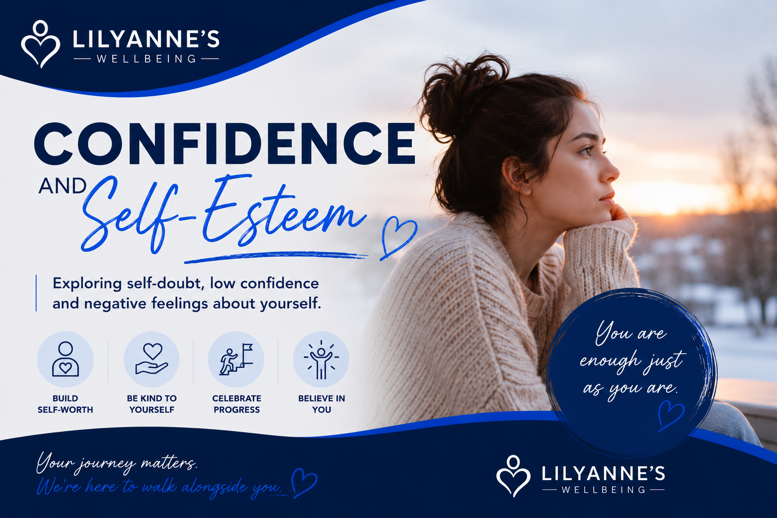 Confidence and self-esteem support for people experiencing self-doubt, low confidence and negative feelings about themselves
