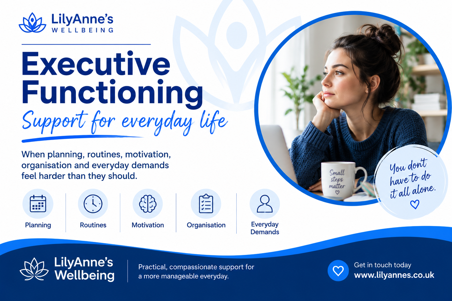 Woman sitting thoughtfully at a desk alongside LilyAnne’s Wellbeing information about executive functioning support for planning, routines, motivation, organisation and everyday demands.